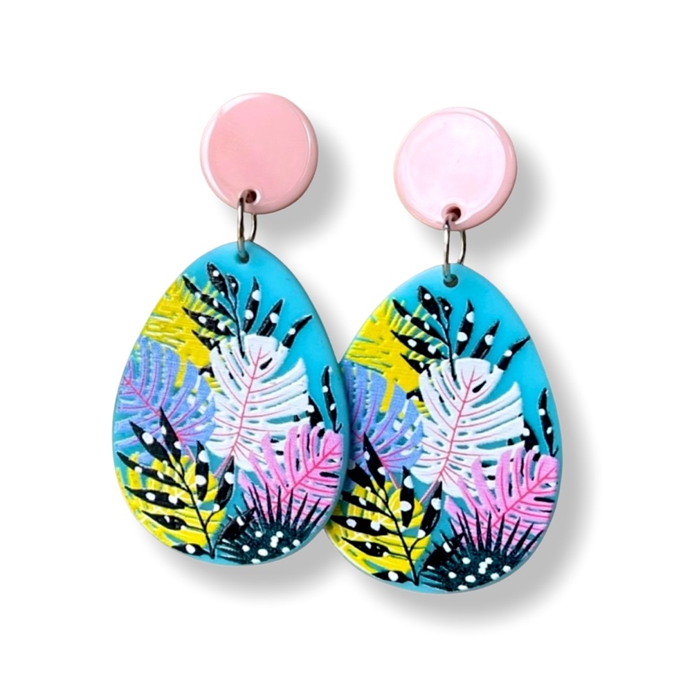 🌊 •Last One Left• Colorful Flower Print Acrylic Drop Hoop Earrings